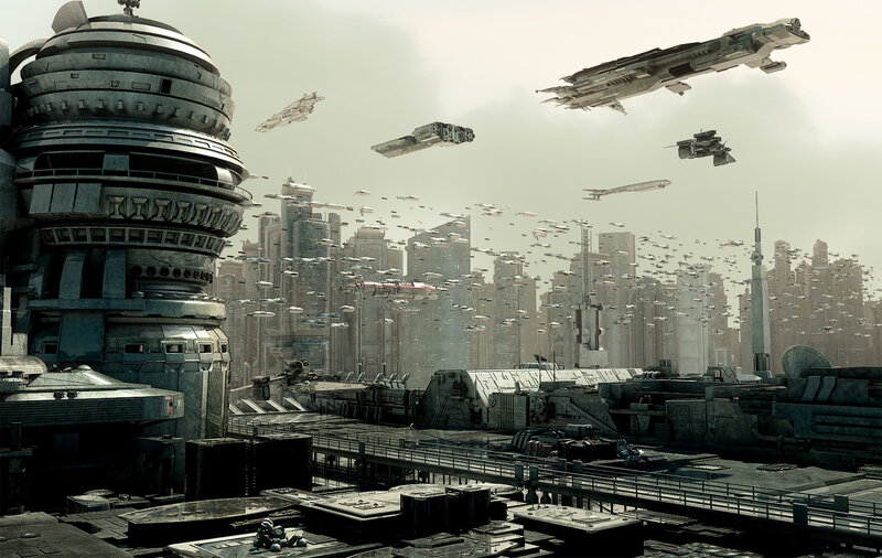 Futuristic Cityscape — Gray, Dramatic, Afternoon, Digital Art, Spaceships, Skyscrapers, Drones