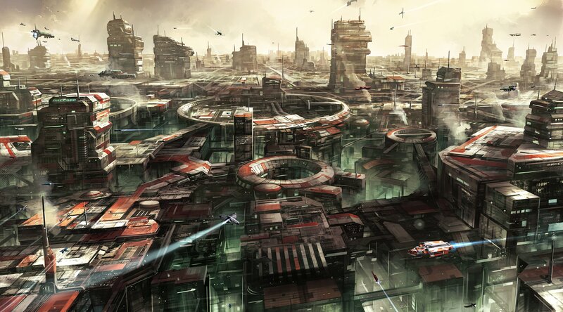 Futuristic Cityscape — Gray, Dramatic, Afternoon, Digital Art, Spaceships, Skyscrapers, Holograms