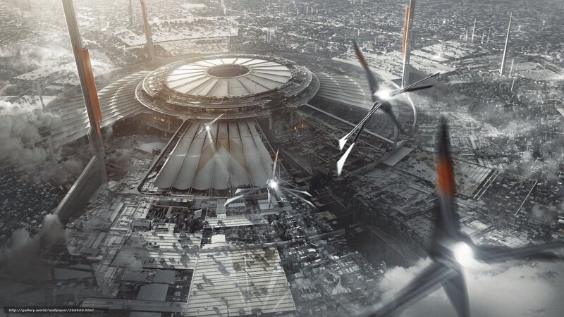 Futuristic Cityscape — Gray, Dramatic, Digital Art, Aircraft, Wind Turbines