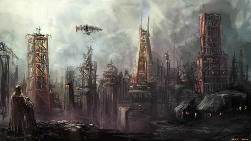Futuristic Cityscape — Gray, Dramatic, Digital Art, Airship