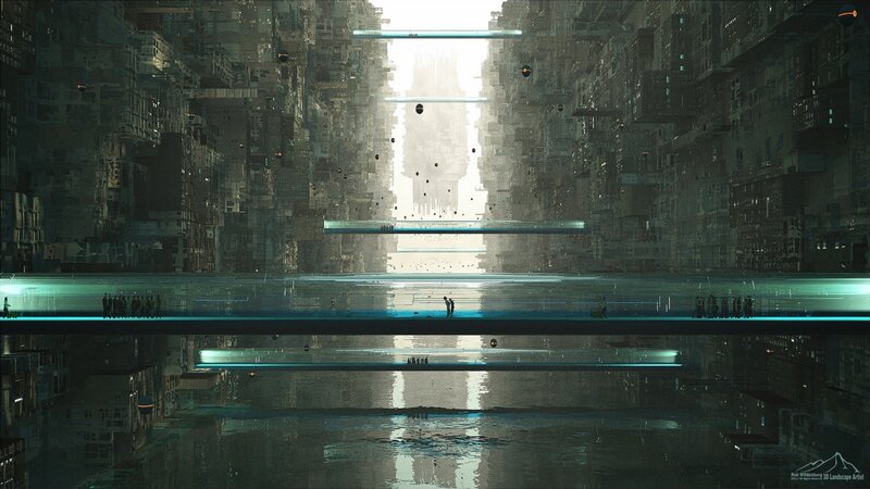 Futuristic Cityscape — Gray, Dramatic, Digital Art, Buildings, Bridges