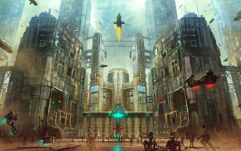 Futuristic Cityscape — Gray, Dramatic, Digital Art, Buildings, Ships, Robots