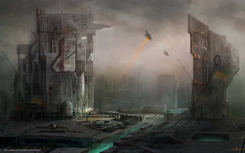 Futuristic Cityscape — Gray, Dramatic, Digital Art, Buildings, Ships