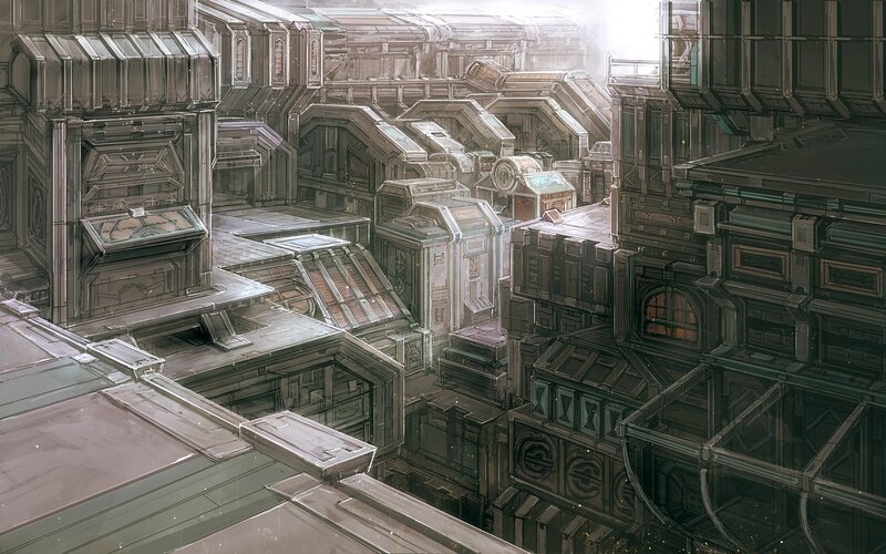 Futuristic Cityscape — Gray, Dramatic, Digital Art, Buildings, Structures