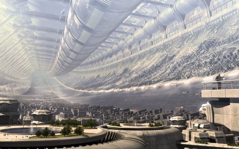 Futuristic Cityscape — Gray, Dramatic, Digital Art, City, River, Tunnel, Person