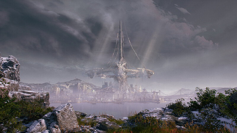 Futuristic Cityscape — Gray, Dramatic, Digital Art, City, Tower
