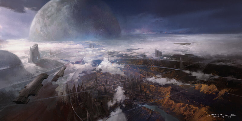 Futuristic Cityscape — Gray, Dramatic, Digital Art, Moon