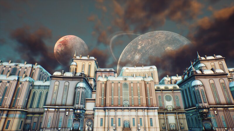 Futuristic Cityscape — Gray, Dramatic, Digital Art, Planets