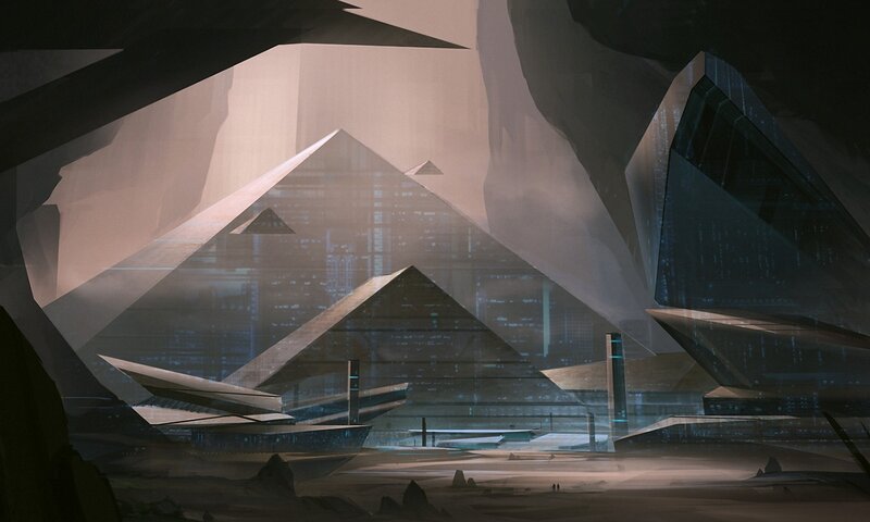 Futuristic Cityscape — Gray, Dramatic, Digital Art, Pyramids