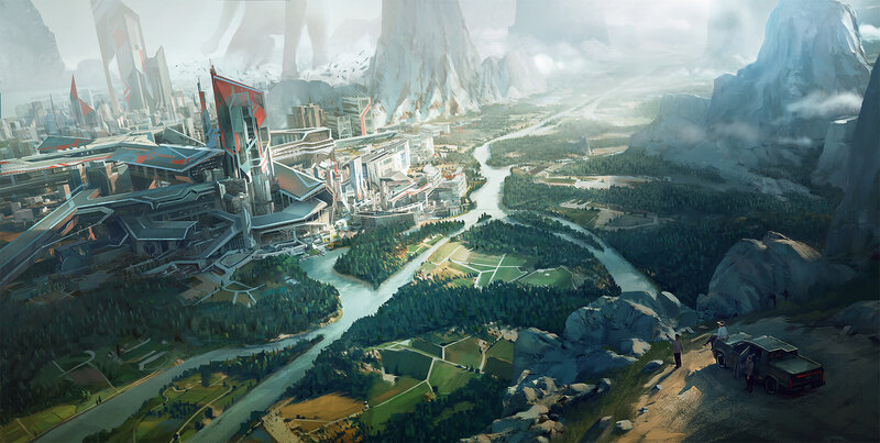 Futuristic Cityscape — Gray, Dramatic, Digital Art, River, Mountains