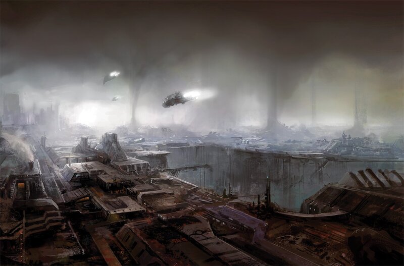 Futuristic Cityscape — Gray, Dramatic, Digital Art, Ships, Smoke