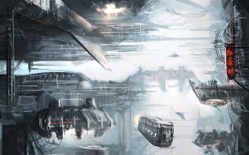 Futuristic Cityscape — Gray, Dramatic, Digital Art, Ships
