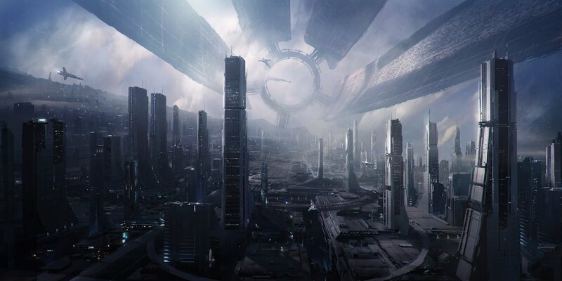 Futuristic Cityscape — Gray, Dramatic, Digital Art, Skyscrapers, Spaceship, Space Station