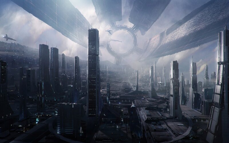 Futuristic Cityscape — Gray, Dramatic, Digital Art, Skyscrapers, Spaceships