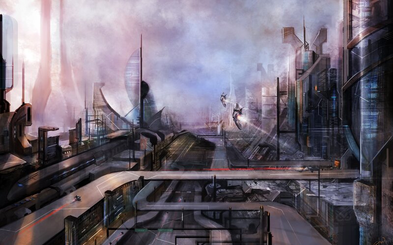 Futuristic Cityscape — Gray, Dramatic, Digital Art, Spaceships, Buildings