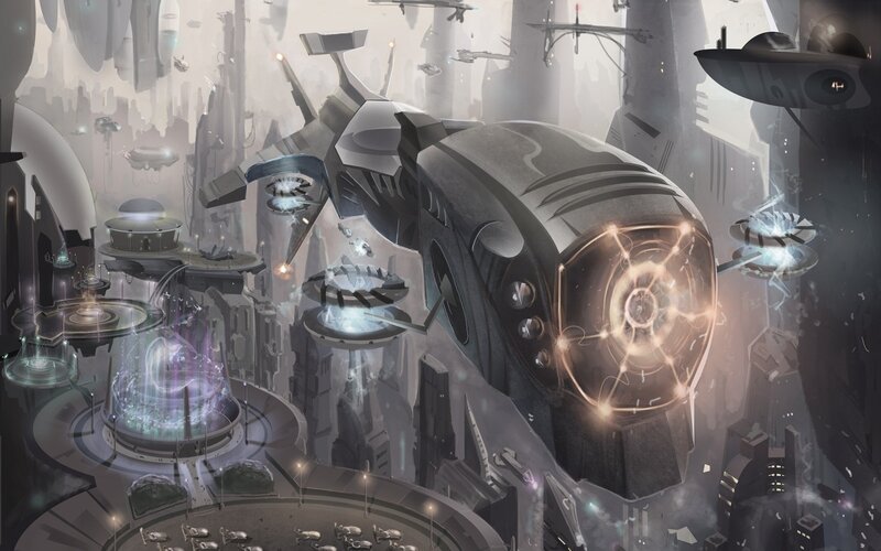 Futuristic Cityscape — Gray, Dramatic, Digital Art, Spaceships, Floating Platforms