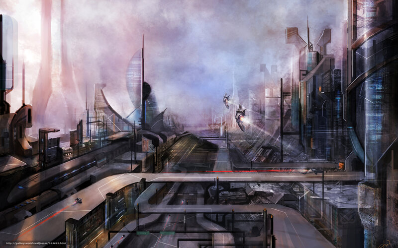 Futuristic Cityscape — Gray, Dramatic, Digital Art, Spaceships