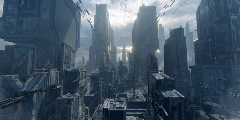 Futuristic Cityscape — Gray, Dramatic, Morning, 3d Render