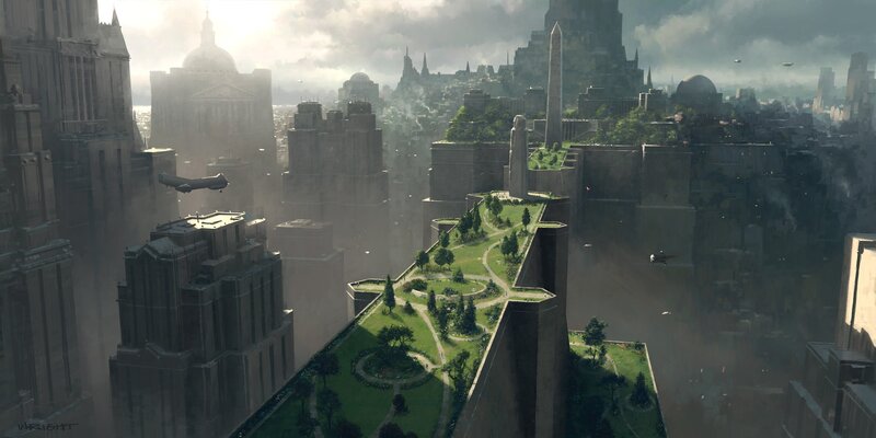 Futuristic Cityscape — Gray, Dramatic, Morning, Digital Art, Aircraft