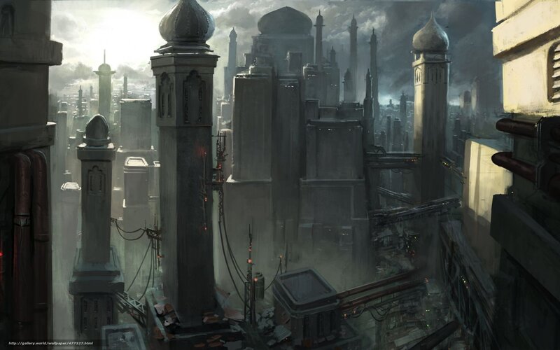 Futuristic Cityscape — Gray, Dramatic, Morning, Digital Art, Skyscrapers, Dome Structures