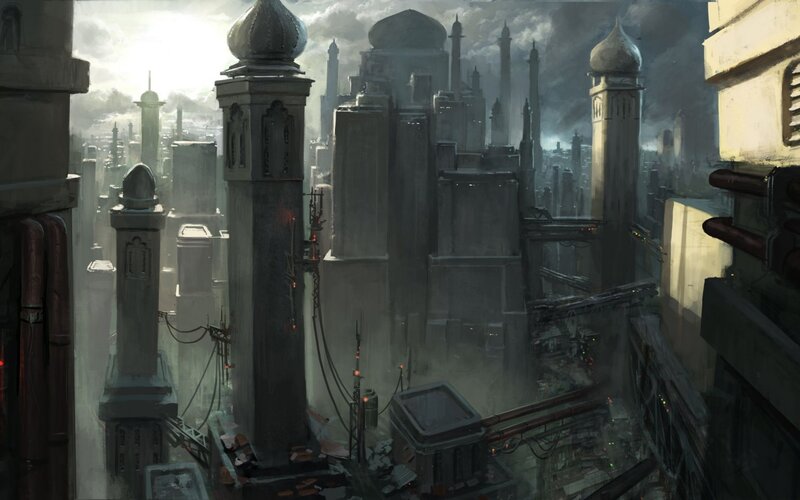 Futuristic Cityscape — Gray, Dramatic, Morning, Digital Art, Skyscrapers