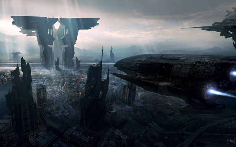 Futuristic Cityscape — Gray, Dramatic, Morning, Digital Art, Spaceship