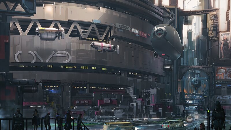 Futuristic Cityscape — Gray, Dramatic, Night, Digital Art, Aircraft