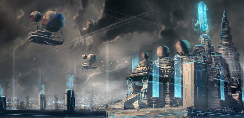 Futuristic Cityscape — Gray, Dramatic, Night, Digital Art, Airships