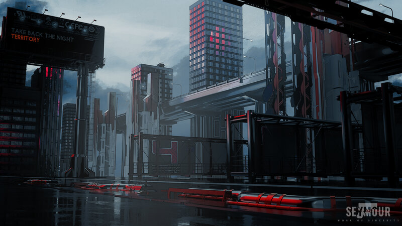 Futuristic Cityscape — Gray, Dramatic, Night, Digital Art, Billboard