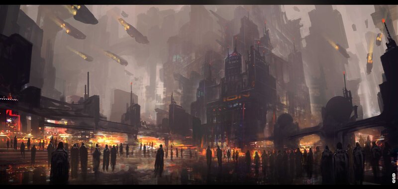 Futuristic Cityscape — Gray, Dramatic, Night, Digital Art, Buildings, Aircraft