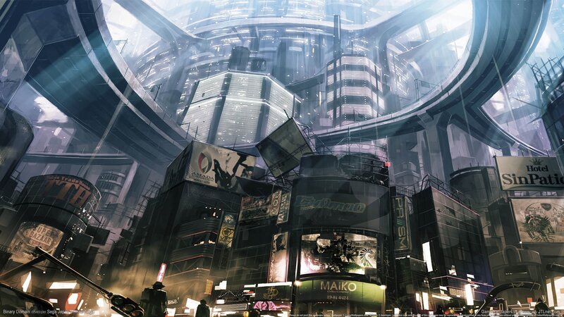 Futuristic Cityscape — Gray, Dramatic, Night, Digital Art, Buildings, Billboards, Skyscraper