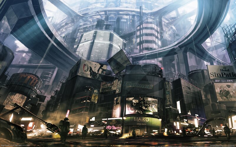 Futuristic Cityscape — Gray, Dramatic, Night, Digital Art, Buildings, Billboards