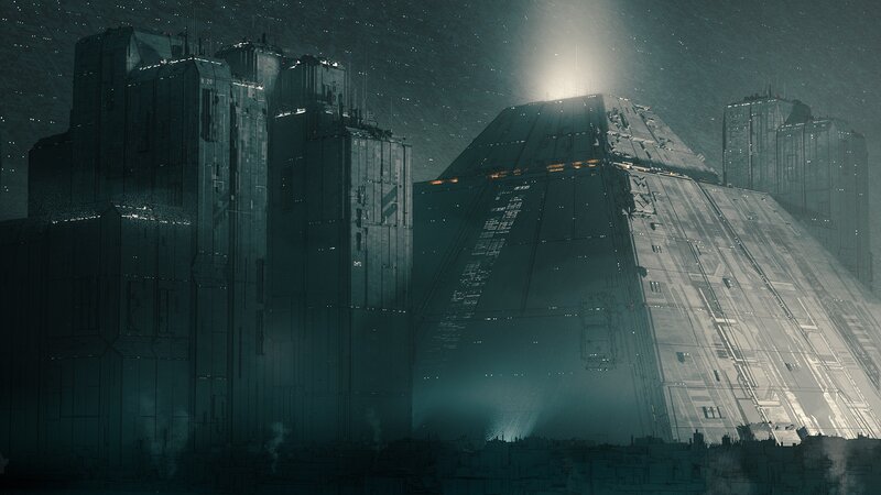 Futuristic Cityscape — Gray, Dramatic, Night, Digital Art, Buildings, Light Beams