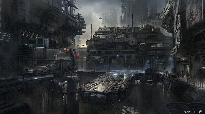 Futuristic Cityscape — Gray, Dramatic, Night, Digital Art, Buildings, Neon Signs