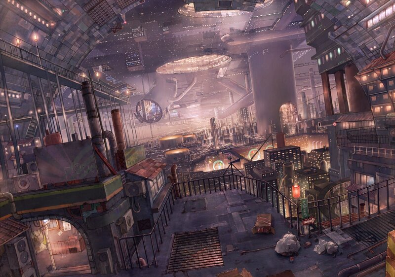 Futuristic Cityscape — Gray, Dramatic, Night, Digital Art, Buildings, Pipes