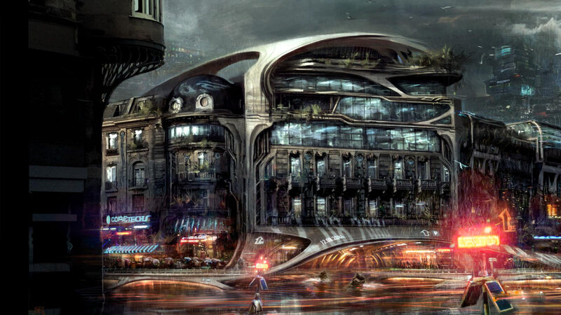 Futuristic Cityscape — Gray, Dramatic, Night, Digital Art, Buildings, Rain