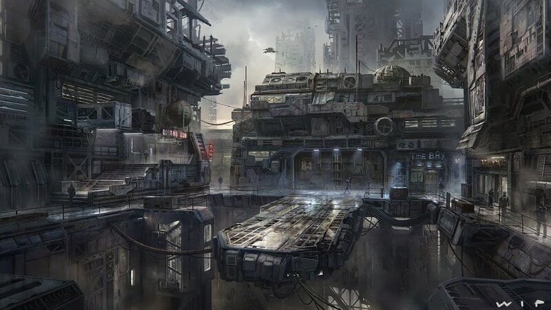 Futuristic Cityscape — Gray, Dramatic, Night, Digital Art, Buildings, Ships