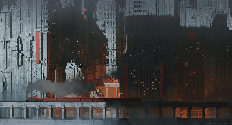 Futuristic Cityscape — Gray, Dramatic, Night, Digital Art, Buildings, Train, Smoke