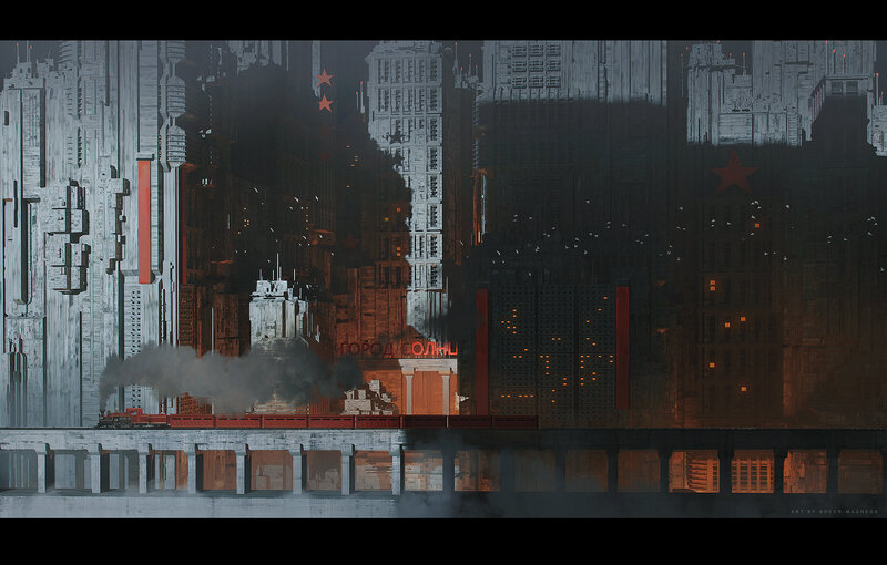 Futuristic Cityscape — Gray, Dramatic, Night, Digital Art, Buildings, Train