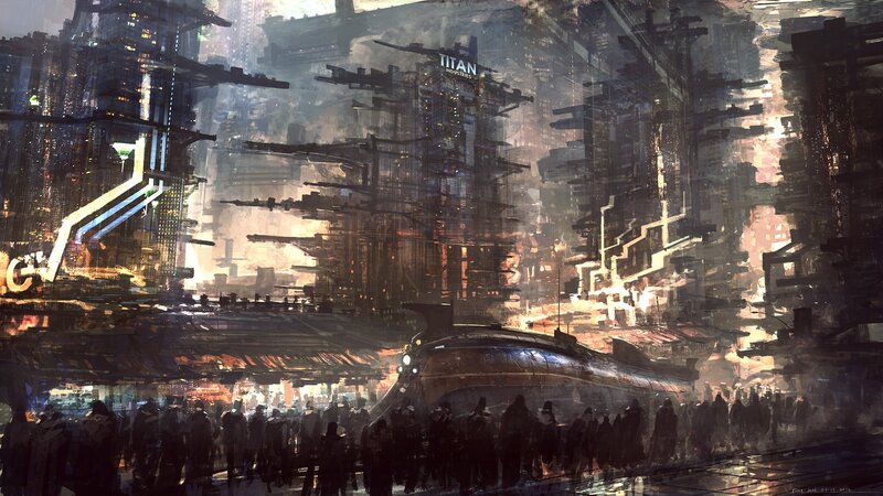 Futuristic Cityscape — Gray, Dramatic, Night, Digital Art, Crowd