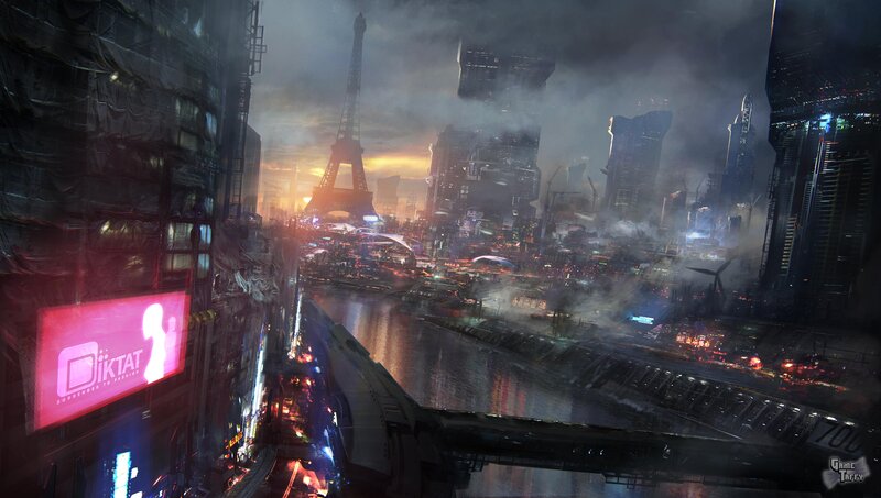 Futuristic Cityscape — Gray, Dramatic, Night, Digital Art, Eiffel Tower