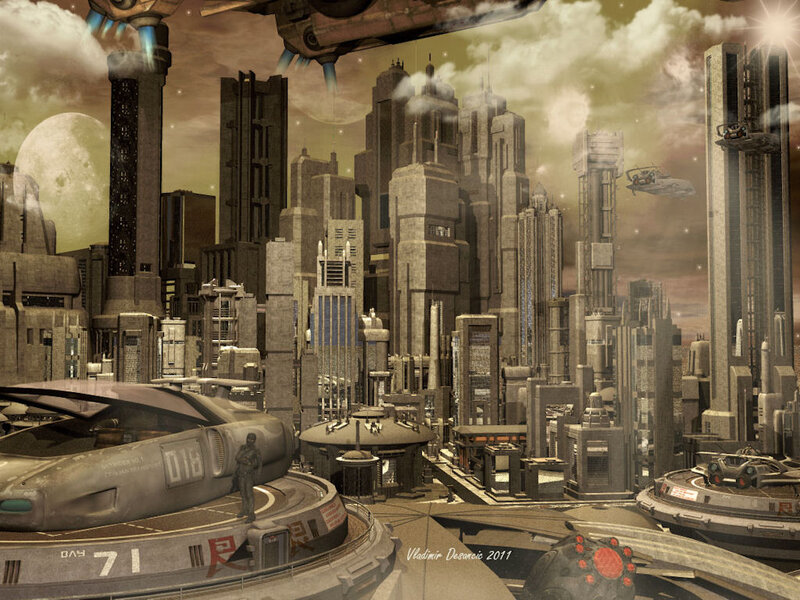 Futuristic Cityscape — Gray, Dramatic, Night, Digital Art, Moon