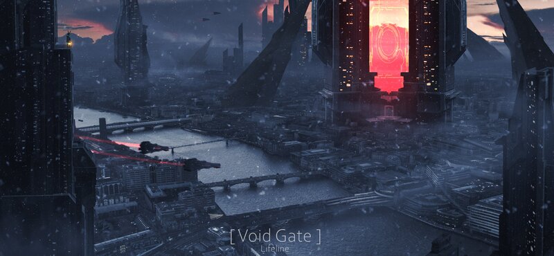 Futuristic Cityscape — Gray, Dramatic, Night, Digital Art, River