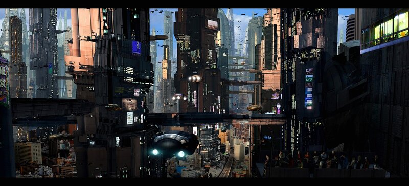 Futuristic Cityscape — Gray, Dramatic, Night, Digital Art, Skyscrapers, Aircraft