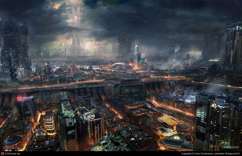 Futuristic Cityscape — Gray, Dramatic, Night, Digital Art, Skyscrapers, Dome Structure, Smoke