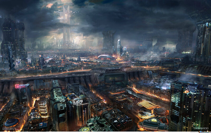 Futuristic Cityscape — Gray, Dramatic, Night, Digital Art, Skyscrapers, Dome Structure