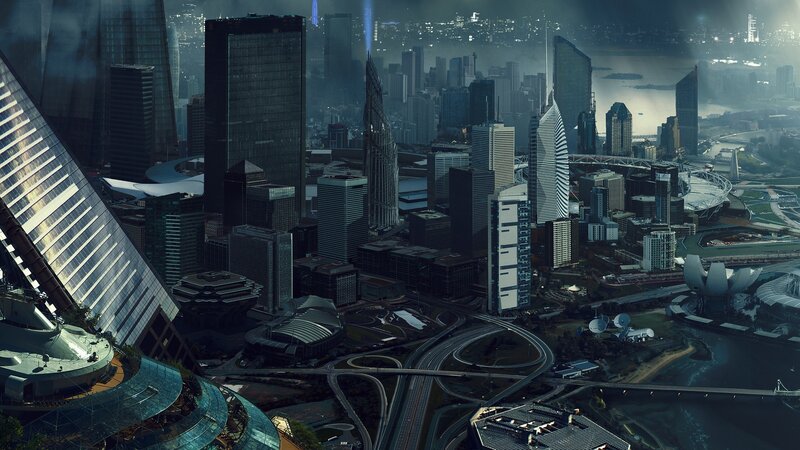 Futuristic Cityscape — Gray, Dramatic, Night, Digital Art, Skyscrapers, Highways