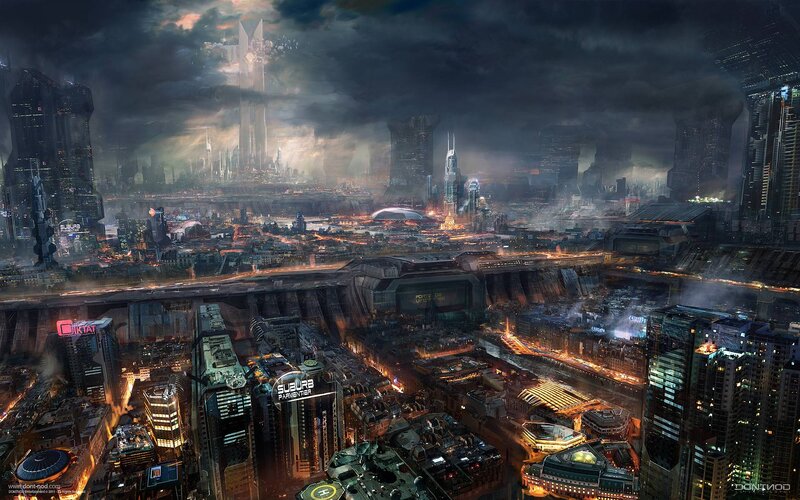 Futuristic Cityscape — Gray, Dramatic, Night, Digital Art, Skyscrapers, Neon Lights, Dark Clouds