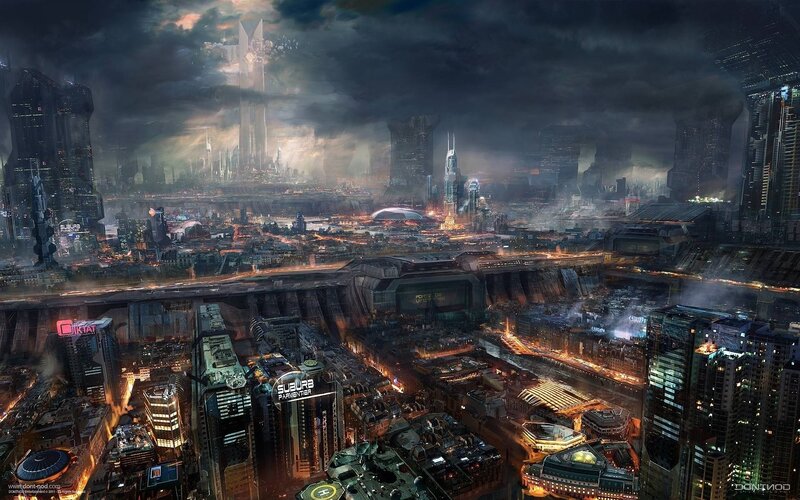 Futuristic Cityscape — Gray, Dramatic, Night, Digital Art, Skyscrapers, Neon Lights