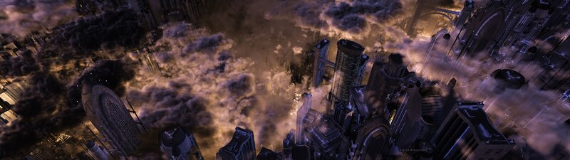Futuristic Cityscape — Gray, Dramatic, Night, Digital Art, Skyscrapers, Smoke, Clouds